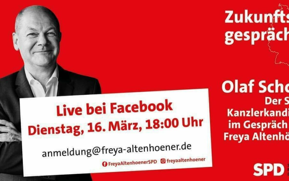 SPD-Kanzlerkandidat Olaf Scholz mit Werbeplakat für Facebook-Livstream am 16. März SPD-Kanzlerkandidat Olaf Scholz mit Werbeplakat für Facebook-Livstream am 16. März